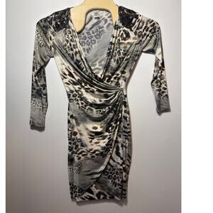 Cache Women's Size Medium Black Animal Print Wrap 3/4 Sleeve Bodycon Dress